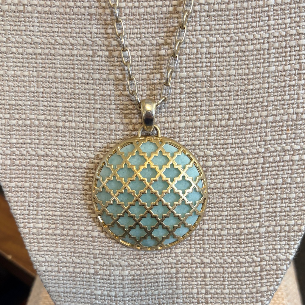 Kiam Family Gold-Tone Round Pendant Necklace With Mint Green Inlay